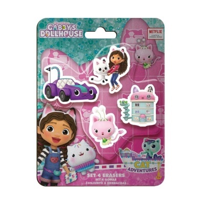 Conjunto de 4 borrachas temáticas de Gabby's Dollhouse com embalagem colorida