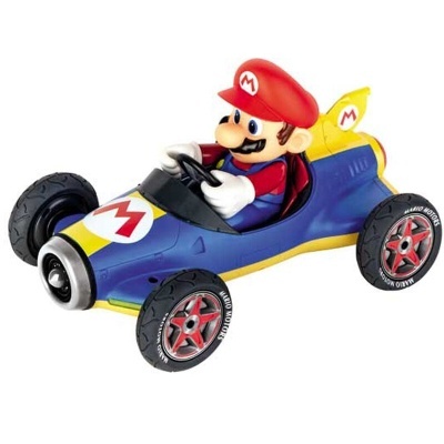 Brinquedo de kart azul e amarelo com figura do Mario ao volante