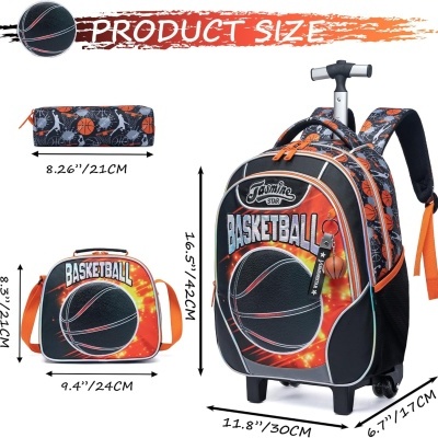 Conjunto de mochilas e bolsa com tema de basquetebol e medidas descritas