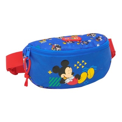 Saco de cintura azul com estampa do Mickey Mouse e cinta vermelha
