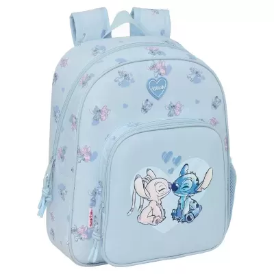 Mochila azul claro com padrão Stitch e Angel, bolso frontal e alças acolchoadas.