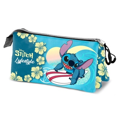 Estojo azul com estampa do Stitch, flores e texto Disney Stitch Lifestyle