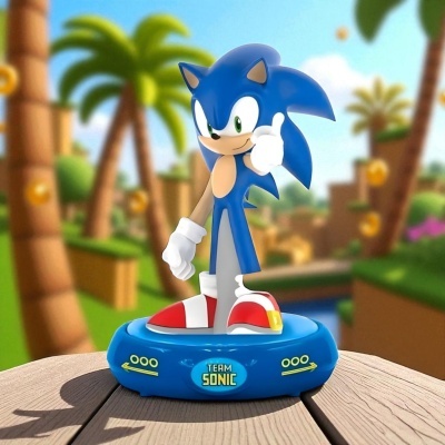 Figura de Sonic azul em suporte azul com texto TEAM SONIC sobre madeira