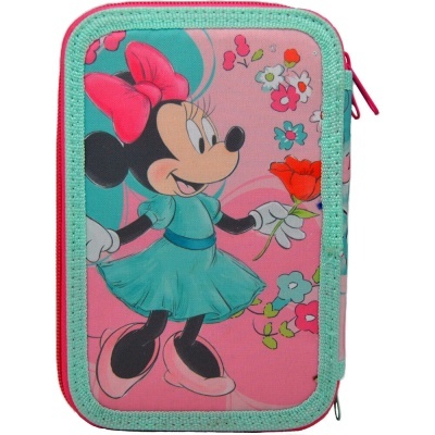 Estojo com estampa da Minnie Mouse, cor predominantemente rosa com detalhes azul e vermelho