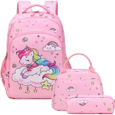 Mochila rosa com estampa de unicórnio, estojo e sacola combinando