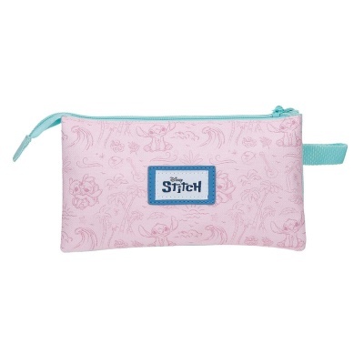Estojo cor-de-rosa com padrão de desenhos de Stitch e fecho azul claro