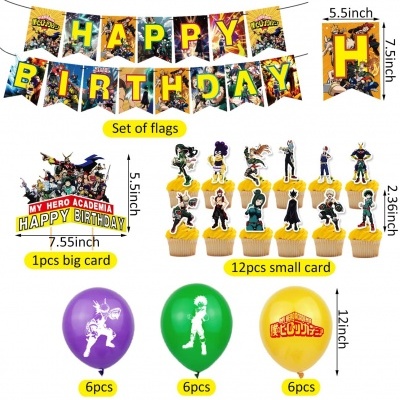 Decoração de festa My Hero Academia com bandeiras, cartões e balões coloridos.