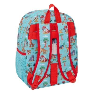 Mochila infantil azul claro com dinossauros e alças vermelhas