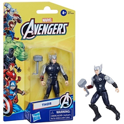 Figura de ação do Thor Marvel Avengers com martelo em embalagem amarela.