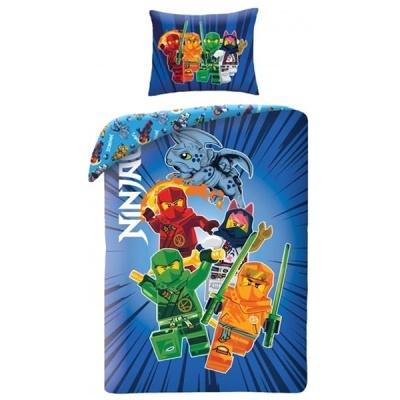 Conjunto de roupa de cama infantil com personagens NINJA coloridos em fundo azul