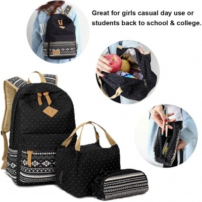 Conjunto de mochila, bolsa e estojo preto com padrões geométricos brancos e detalhes castanho claro