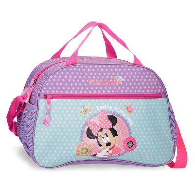 Mala infantil com padrão de bolinhas, estampa da Minnie Mouse e alças rosa