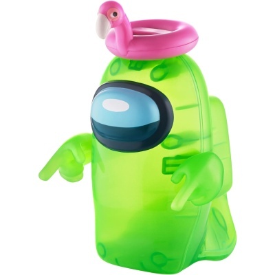 Figura verde personagens Among Us com boia flamingo cor-de-rosa