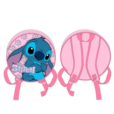 Mochila redonda infantil cor-de-rosa com estampa do Stitch azul e flores