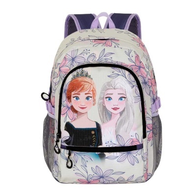 Mochila infantil com estampado das personagens Anna e Elsa em fundo floral