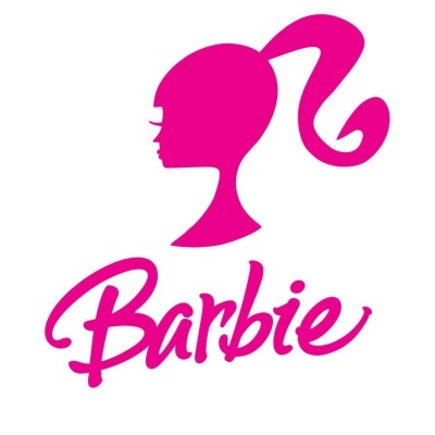 Logótipo rosa da Barbie com cabeça feminina e texto cursivo