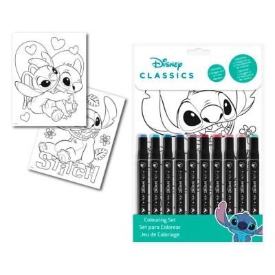 Conjunto de marcadores Disney Classics com folhas para colorir e imagem de Stitch na embalagem