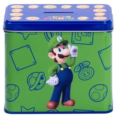 Caixa metálica verde e azul com personagem Luigi e temática Super Mario