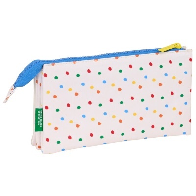 Estojo branco com bolinhas coloridas e fecho azul