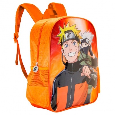 Mochila alaranjada com imagem dos personagens Naruto e Kakashi
