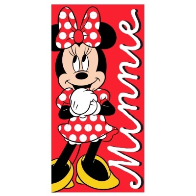 Toalha de banho com estampa da personagem Minnie em vermelho, branco, preto e amarelo