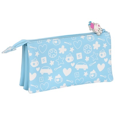 Estojo azul claro com padrão branco e fecho com personagem decorativo