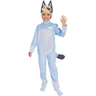 Fato de criança azul com capuz de cão pontiagudo e cauda