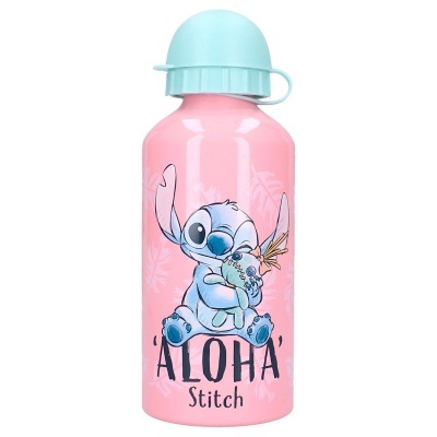 Garrafa de água rosa com tampa azul e desenho do Stitch