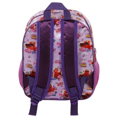 Mochila infantil rosa e roxa com desenhos de carros e texto colorido