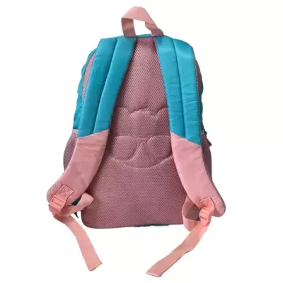 Mochila azul turquesa e rosa com relevo de rosto de coelho nas costas