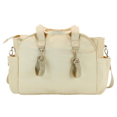 Mala bege de tecido com alças e bolsos laterais