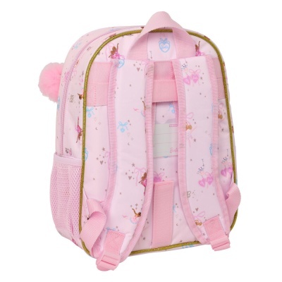 Mochila rosa com padrão de bailarinas e pompom, vista traseira com alças acolchoadas.
