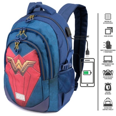 mochila azul e vermelha com design Wonder Woman e várias divisórias