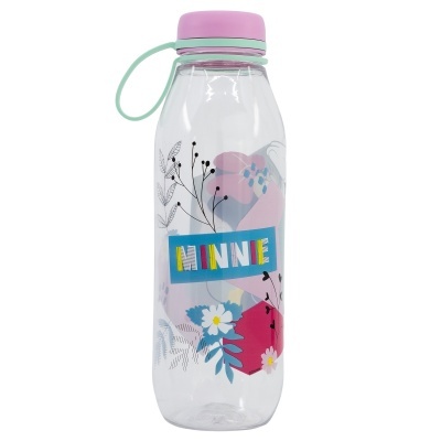 Garrafa de plástico transparente com tampa rosa e decoração floral e texto MINNIE