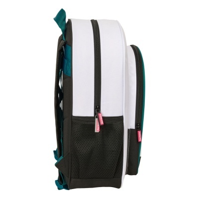 Mochila branca, preta e azul turquesa com zípers e bolso de malha