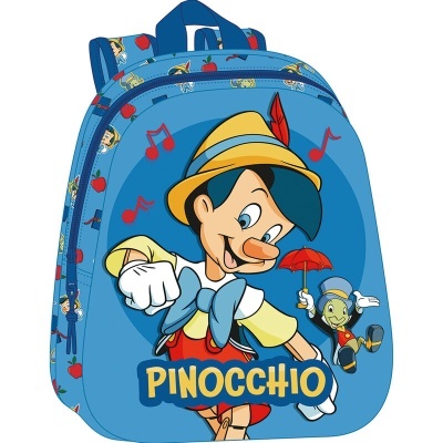 Mochila azul infantil com imagem do Pinóquio e Grilo Falante