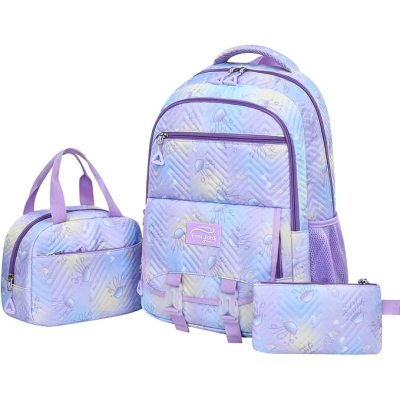 Conjunto mochila lilás azul com bolsa e estojo com padrão de balões