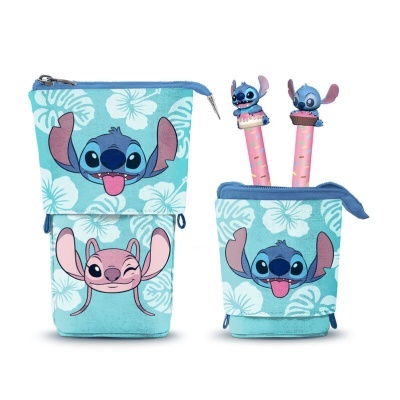 Conjunto de estojos azuis com estampas do Stitch e Angel e canetas rosas com personagens no topo