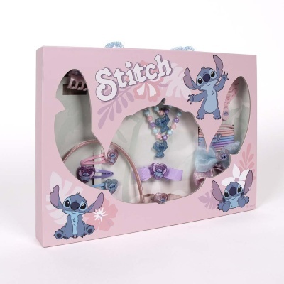 Conjunto infantil de acessórios Stitch em caixa cor-de-rosa com ilustrações do personagem