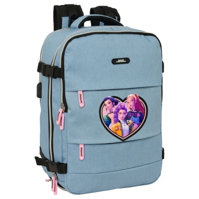 Mochila azul clara com estampa de personagens femininas dentro de um coração