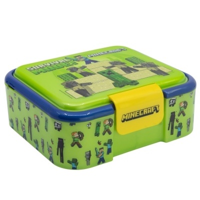 Estojo de plástico verde com personagens do Minecraft e fecho amarelo