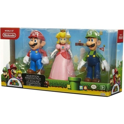 Conjunto de figuras de ação Super Mario com Mario, Princesa Peach e Luigi na embalagem