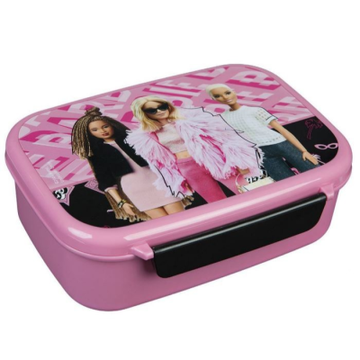 Estojo escolar cor-de-rosa com imagem de três bonecas na tampa e fecho preto