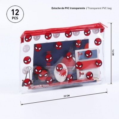 Bolsa transparente de PVC com padrão do Homem-Aranha contendo 12 peças temáticas.