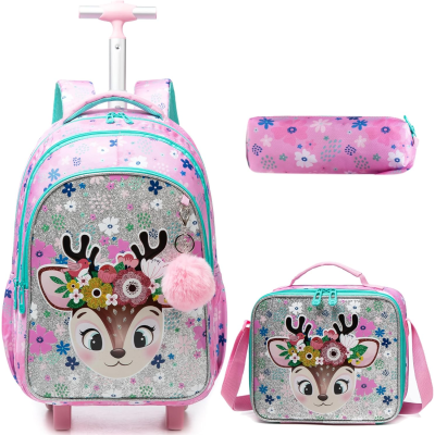 Mochila de rodinhas, lancheira e estojo com padrão floral e imagem de veado