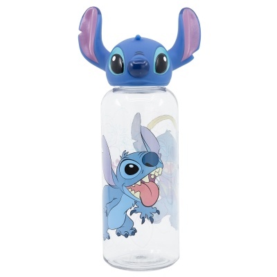 Garrafa transparente com tampa e estampa da personagem Stitch azul