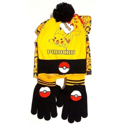 Gorro, luvas e cachecol de inverno para criança com tema Pikachu amarelo e preto