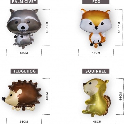 Balões em formato de animais: guaxinim, raposa, ouriço e esquilo, com dimensões em cm.