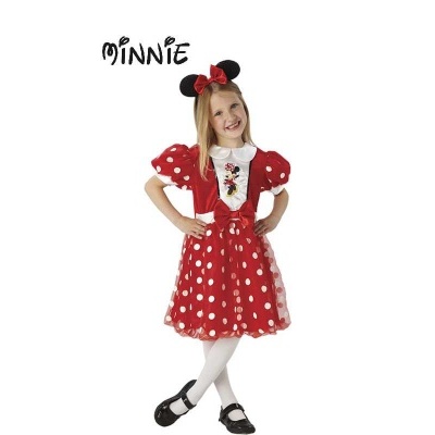 Vestido infantil vermelho com bolinhas brancas e faixa de cabeça com orelhas de Minnie