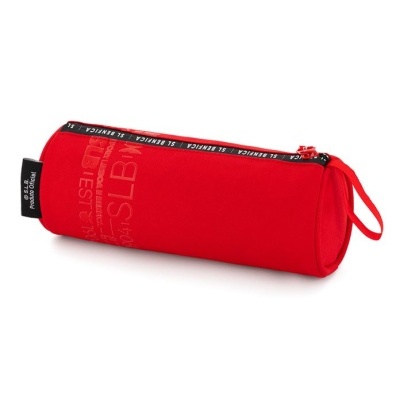 Estojo cylindrical vermelho com fecho e etiquetas pretas